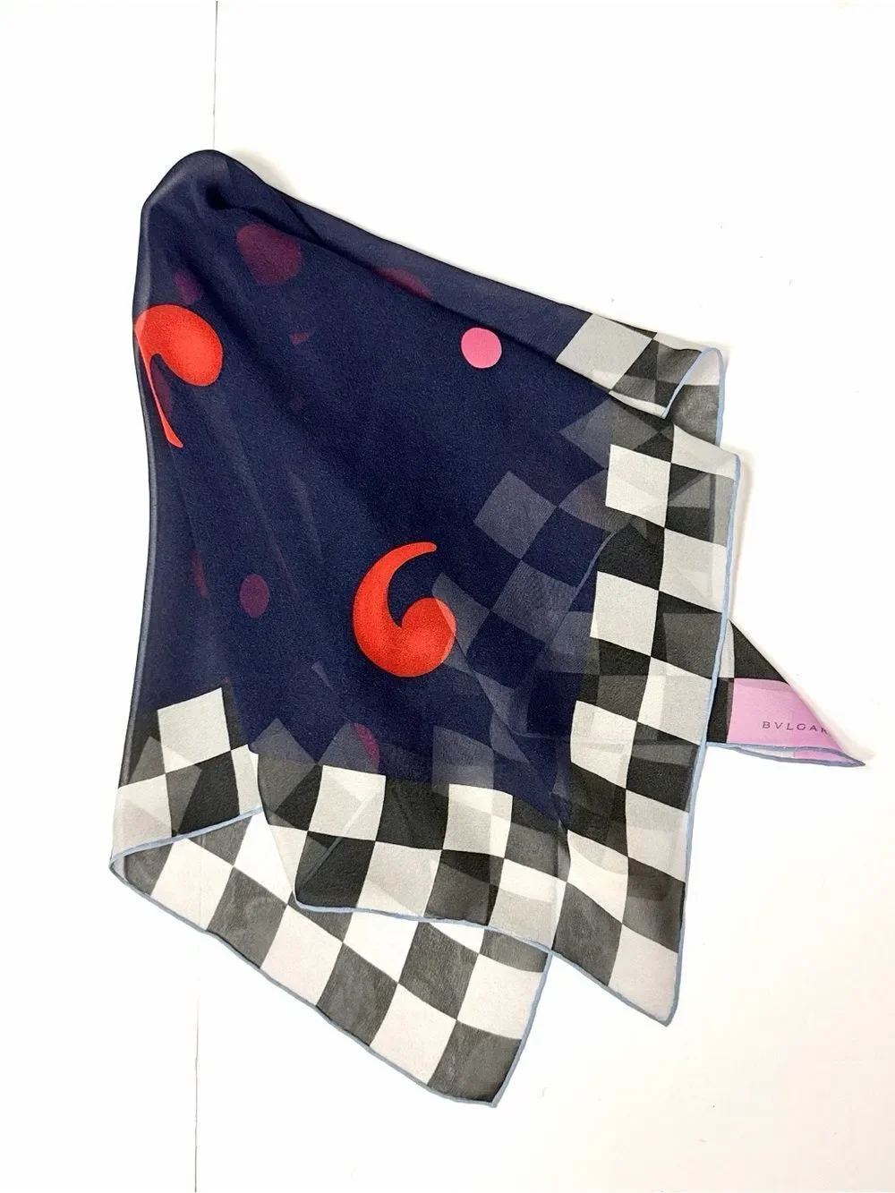 Bvlgari Signed Davide Pizzigoni Silk Chiffon Scarf Abstract Checkerboard Italy